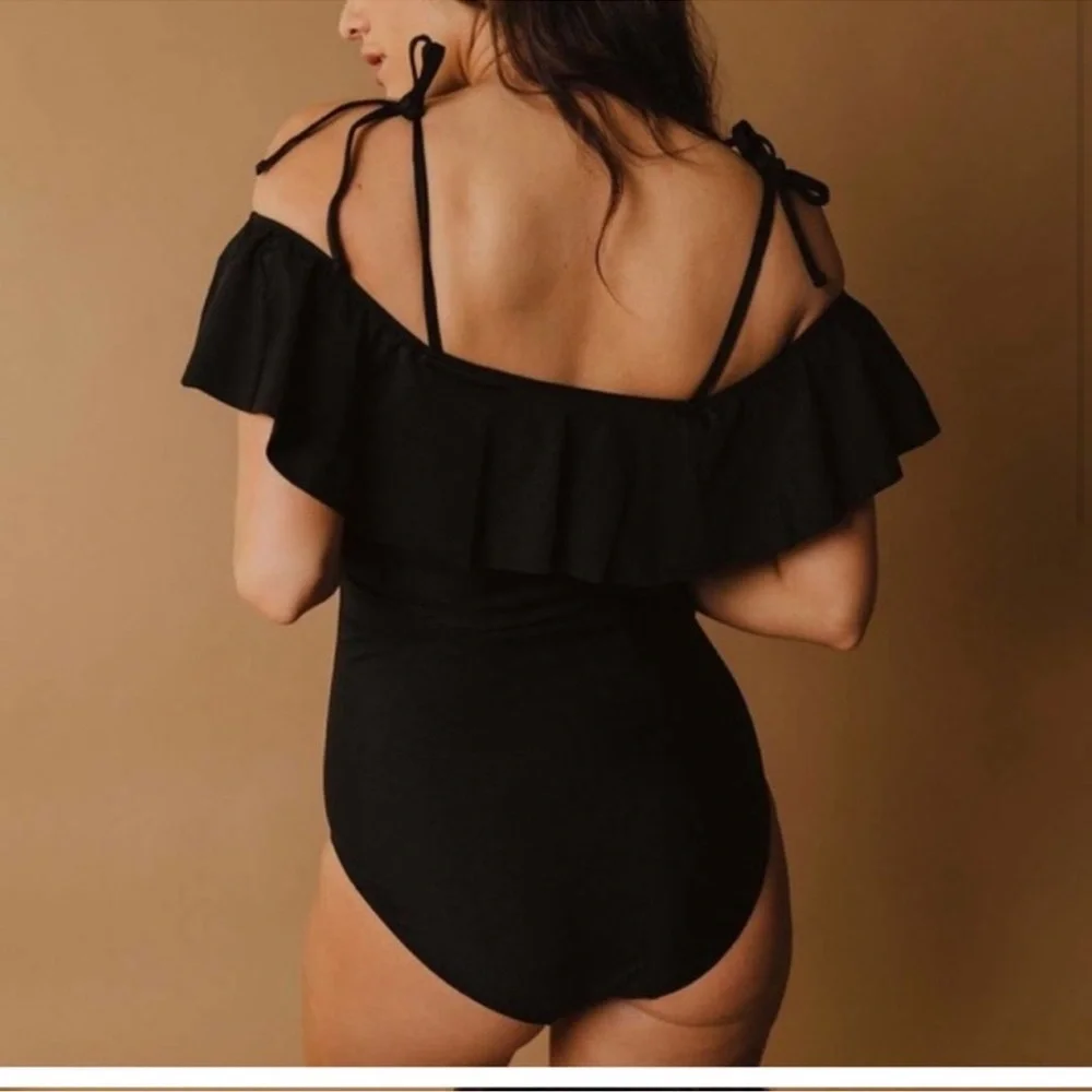 Albion “the wave” one piece black swimsuit ruffle sleeve off the shoulder